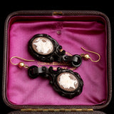 Neoclassical Medusa Shell Cameo Jet Earrings